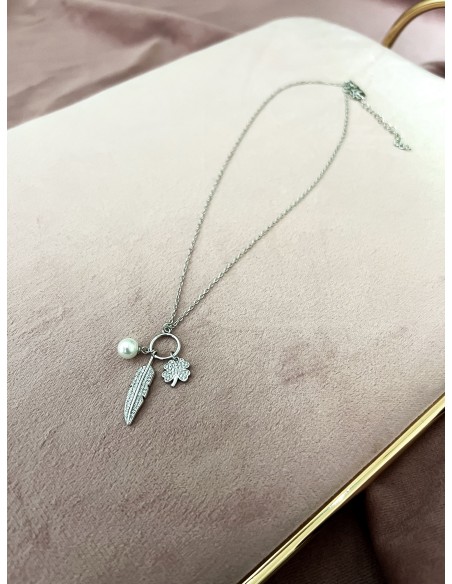 Collana Piuma Perla e Quadrifoglio