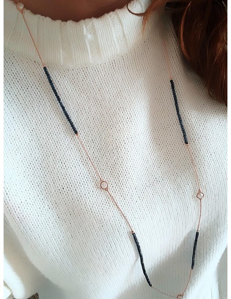 Collana Lunga Rosè con Cristalli Blu e Zirconi