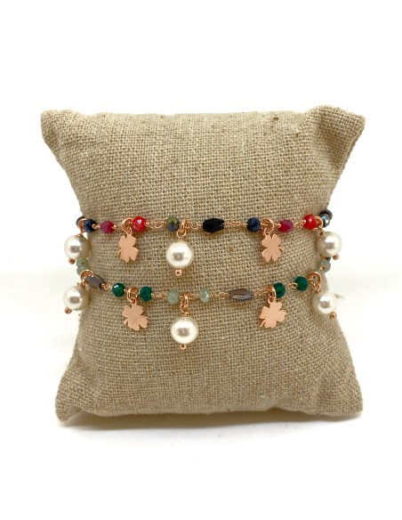 Bracciale Cristalli Perle Pendenti e Quadrifogli