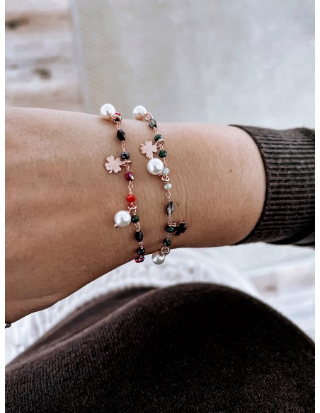 Bracciale Cristalli Perle Pendenti e Quadrifogli